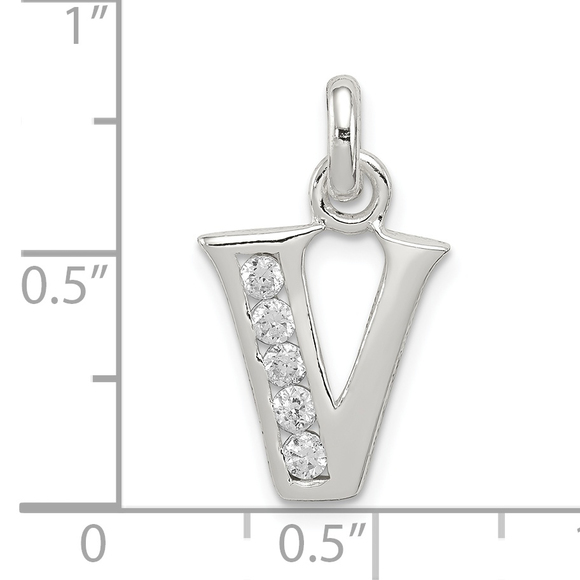 Sterling Silver White CZ Letter V Initial Pendant - Picture 4 of 4